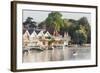 England, Oxfordshire, Henley-on-Thames, Boathouses and Rowers on River Thames-Steve Vidler-Framed Photographic Print