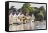 England, Oxfordshire, Henley-on-Thames, Boathouses and Rowers on River Thames-Steve Vidler-Framed Stretched Canvas