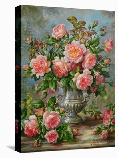 English Elegance Roses in a Silver Vase-Albert Williams-Stretched Canvas