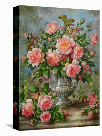 English Elegance Roses in a Silver Vase-Albert Williams-Stretched Canvas