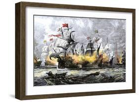 English Warship, Vanguard, Attacking the Spanish Armada, c.1588-null-Framed Giclee Print