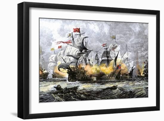 English Warship, Vanguard, Attacking the Spanish Armada, c.1588-null-Framed Giclee Print