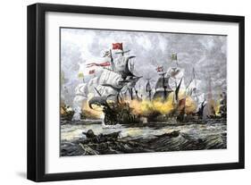 English Warship, Vanguard, Attacking the Spanish Armada, c.1588-null-Framed Giclee Print