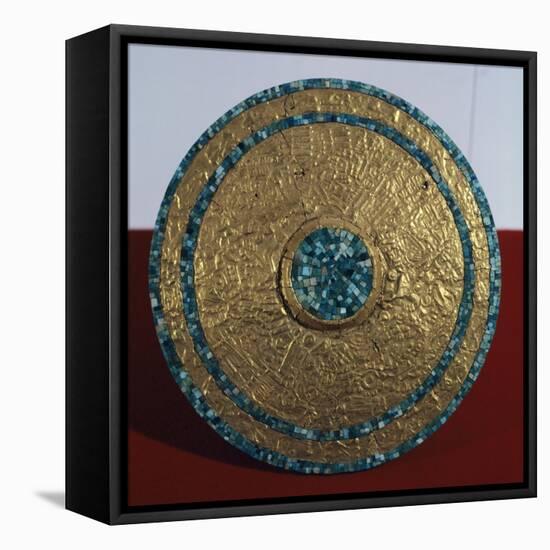 Engraved Gold Disk and Turquoise Mosaic, Artifact Originating from the Castle of Chichen Iza-null-Framed Stretched Canvas
