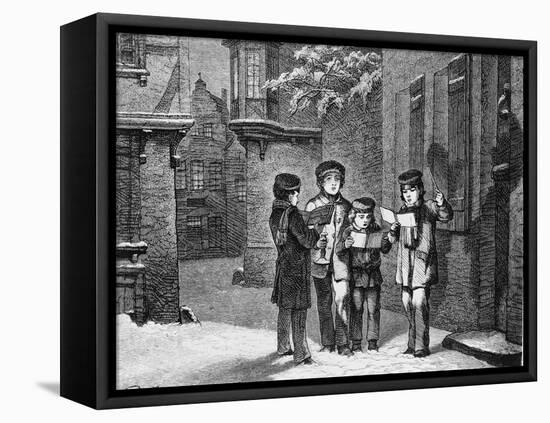 Engraving of Carol Singers in Winter by E. Rosch-null-Framed Stretched Canvas