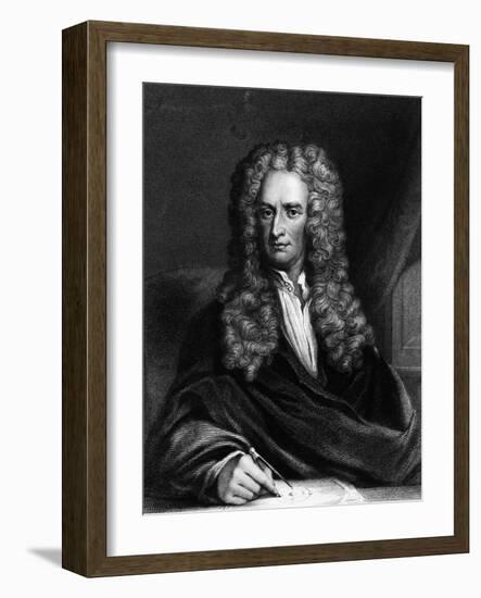 Engraving of Sir Isaac Newton Seated at a Table-null-Framed Giclee Print