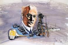 Rudolf Diesel Against Background of Trains, Boats and Docks-Enlish School-Mounted Giclee Print