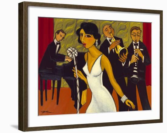 Ensemble with Green Curtain (Lady in White)-Marsha Hammel-Framed Giclee Print