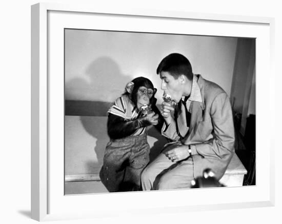 Entertainer Jerry Lewis with a Chimpanzee-Peter Stackpole-Framed Premium Photographic Print