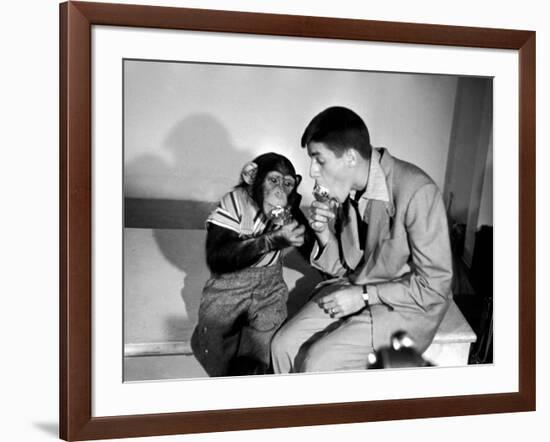 Entertainer Jerry Lewis with a Chimpanzee-Peter Stackpole-Framed Premium Photographic Print