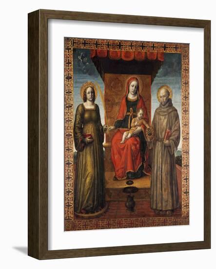 Enthroned Madonna and Child with Saints Bernardino and Catherine of Alexandria-Vincenzo Foppa-Framed Giclee Print