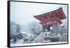 Entrance gate of Kiyomizu-dera Temple during snow storm, UNESCO World Heritage Site, Kyoto, Japan,-Damien Douxchamps-Framed Stretched Canvas