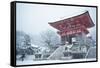 Entrance gate of Kiyomizu-dera Temple during snow storm, UNESCO World Heritage Site, Kyoto, Japan,-Damien Douxchamps-Framed Stretched Canvas