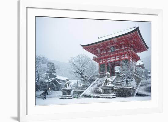 Entrance gate of Kiyomizu-dera Temple during snow storm, UNESCO World Heritage Site, Kyoto, Japan,-Damien Douxchamps-Framed Photographic Print