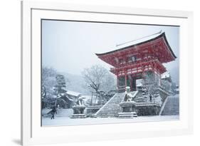 Entrance gate of Kiyomizu-dera Temple during snow storm, UNESCO World Heritage Site, Kyoto, Japan,-Damien Douxchamps-Framed Photographic Print