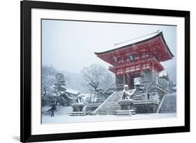 Entrance gate of Kiyomizu-dera Temple during snow storm, UNESCO World Heritage Site, Kyoto, Japan,-Damien Douxchamps-Framed Photographic Print