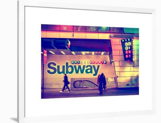 Entrance of a Subway Station in Times Square - Urban Street Scene by Night - Manhattan - New York-Philippe Hugonnard-Framed Art Print