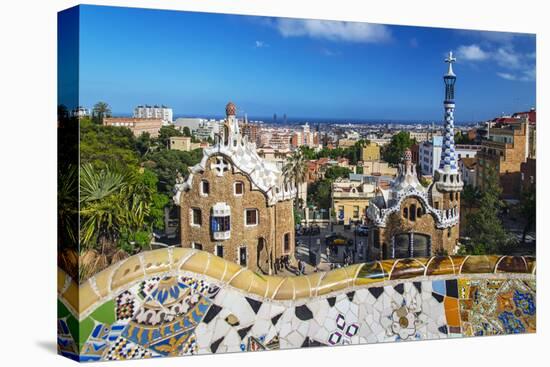 Entrance of Park Güell with City Skyline Behind, Barcelona, Catalonia, Spain-Stefano Politi Markovina-Stretched Canvas