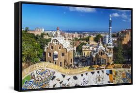 Entrance of Park Güell with City Skyline Behind, Barcelona, Catalonia, Spain-Stefano Politi Markovina-Framed Stretched Canvas