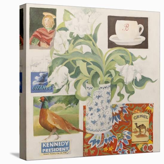 Ephemera, including coffee cup, cigarette packs; postcard and tulips-Jennifer Abbott-Stretched Canvas