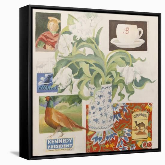 Ephemera, including coffee cup, cigarette packs; postcard and tulips-Jennifer Abbott-Framed Stretched Canvas