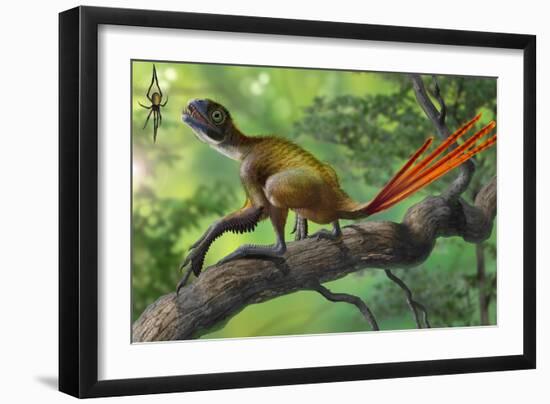 Epidexipteryx Perched on a Branch Ready to Eat a Nearby Spider-null-Framed Art Print