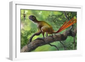 Epidexipteryx Perched on a Branch Ready to Eat a Nearby Spider-null-Framed Art Print