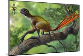 Epidexipteryx Perched on a Branch Ready to Eat a Nearby Spider-null-Mounted Art Print