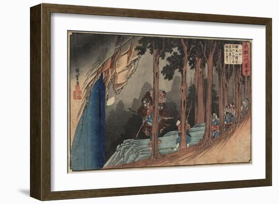 Episode Two: Yoshitsune Getting Sword Lesson from Long-Nosed Goblin, 1835-1836-Utagawa Hiroshige-Framed Giclee Print