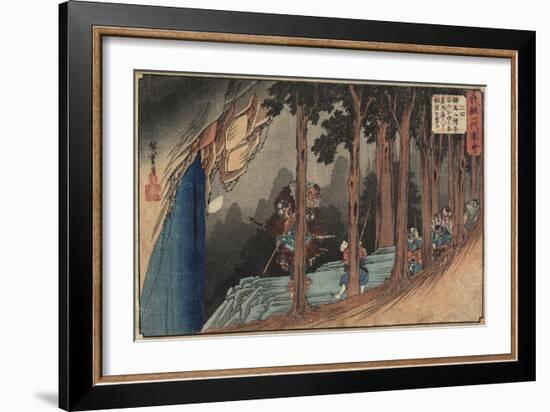 Episode Two: Yoshitsune Getting Sword Lesson from Long-Nosed Goblin, 1835-1836-Utagawa Hiroshige-Framed Giclee Print