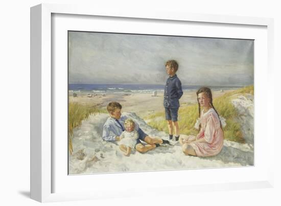 Erik, Else, Ove and Birthe Schultz on a Beach, 1919-Gabriel Oluf Jensen-Framed Giclee Print