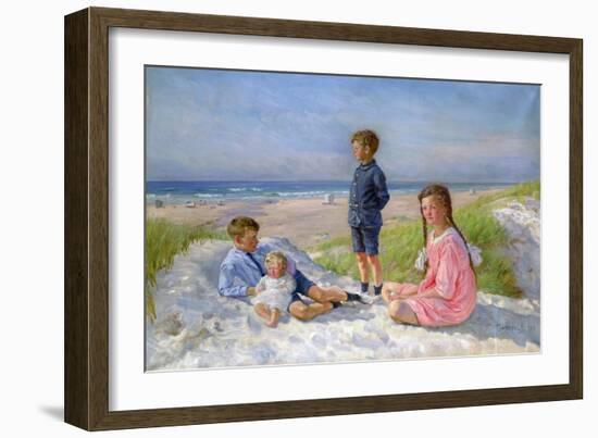 Erik, Else, Ove and Birthe Schultz on the Beach, 1919-Gabriel Jensen-Framed Giclee Print