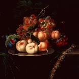 Peaches on a Pewter Plate with Grapes and a Fig on a Draped Ledge-Ernst Stuven-Giclee Print