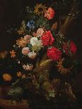 A Still Life of A Corncob, Roses, A Parrot Tulip, Irises, and Other Flowers Suspended from A Blue R-Ernst Stuven-Giclee Print