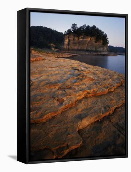 Eroded limestone and Tower Rock, Mississippi River, Perry County, Missouri, USA-Charles Gurche-Framed Stretched Canvas