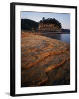 Eroded limestone and Tower Rock, Mississippi River, Perry County, Missouri, USA-Charles Gurche-Framed Photographic Print