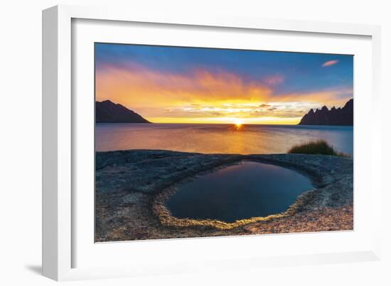 Ersfjord and Steinfjord fjords lit by midnight sun from rock formation at Tungeneset viewpoint-Roberto Moiola-Framed Photographic Print