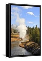 Eruption of Riverside Geyser Seen from Firehole River Bridge-Eleanor Scriven-Framed Stretched Canvas