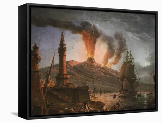 Eruption of Vesuvius at Night with Fishermen Unloading Their Nets Near the Lighthouse, 1781-Charles-francois Grenier De La Croix-Framed Stretched Canvas
