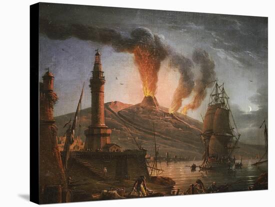 Eruption of Vesuvius at Night with Fishermen Unloading Their Nets Near the Lighthouse, 1781-Charles-francois Grenier De La Croix-Stretched Canvas