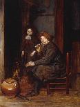 A Man Seated before a Fire Smoking a Pipe, with a Young Boy Standing Nearby-Esaias Boursse-Stretched Canvas