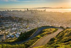 Curvy Road and View of Downtown at Sunrise from Twin Peaks, in San Francisco, California.-ESB Professional-Photographic Print