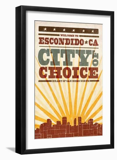 Escondido, California - Skyline and Sunburst Screenprint Style-Lantern Press-Framed Art Print