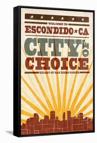 Escondido, California - Skyline and Sunburst Screenprint Style-Lantern Press-Framed Stretched Canvas