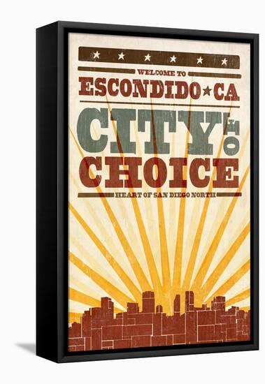 Escondido, California - Skyline and Sunburst Screenprint Style-Lantern Press-Framed Stretched Canvas