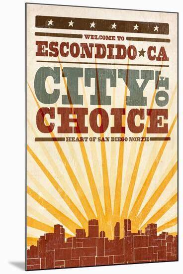 Escondido, California - Skyline and Sunburst Screenprint Style-Lantern Press-Mounted Art Print