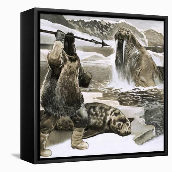 Eskimo Attacking Walrus-English School-Framed Stretched Canvas