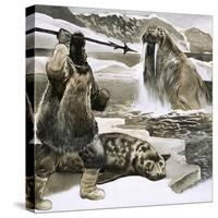 Eskimo Attacking Walrus-English School-Stretched Canvas