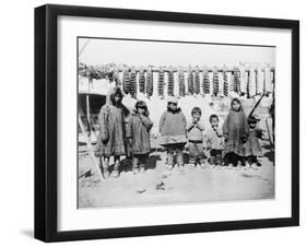 Eskimo Children in front of Dried Salmon Photograph - Alaska-Lantern Press-Framed Art Print