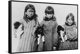 Eskimo Girls with Husky Puppies Photograph - Alaska-Lantern Press-Framed Stretched Canvas